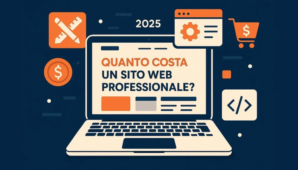 Laptop moderno che mostra un sito web professionale, con icone di design, SEO ed e-commerce, nei colori arancione (#ff6b35), blu notte (#0a0e27) e bianco panna (#f9fafb)