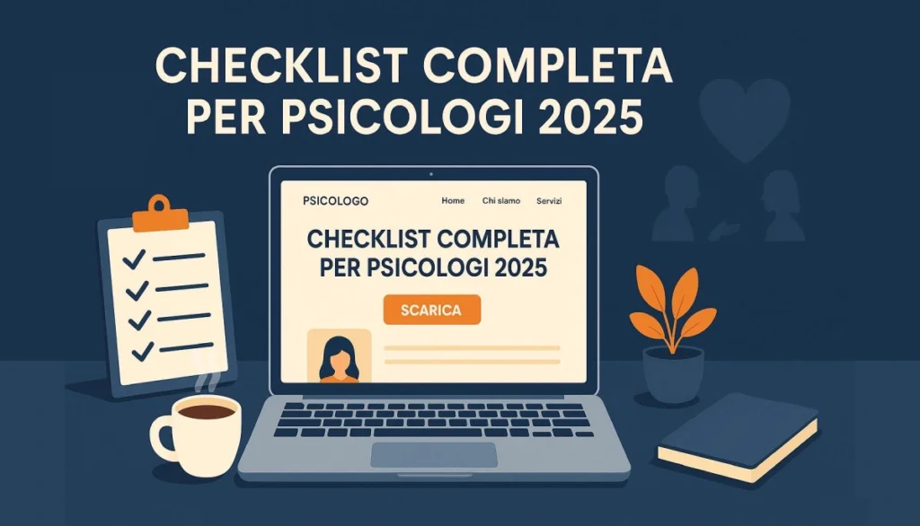Illustrazione di laptop che mostra sito web per psicologo con checklist completa degli elementi essenziali per attrarre pazienti online