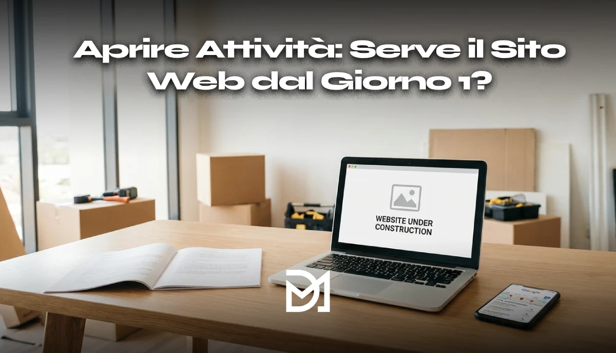 Ufficio di una nuova attività in apertura con laptop e smartphone, presenza online incompleta e concorrenti già visibili su Google