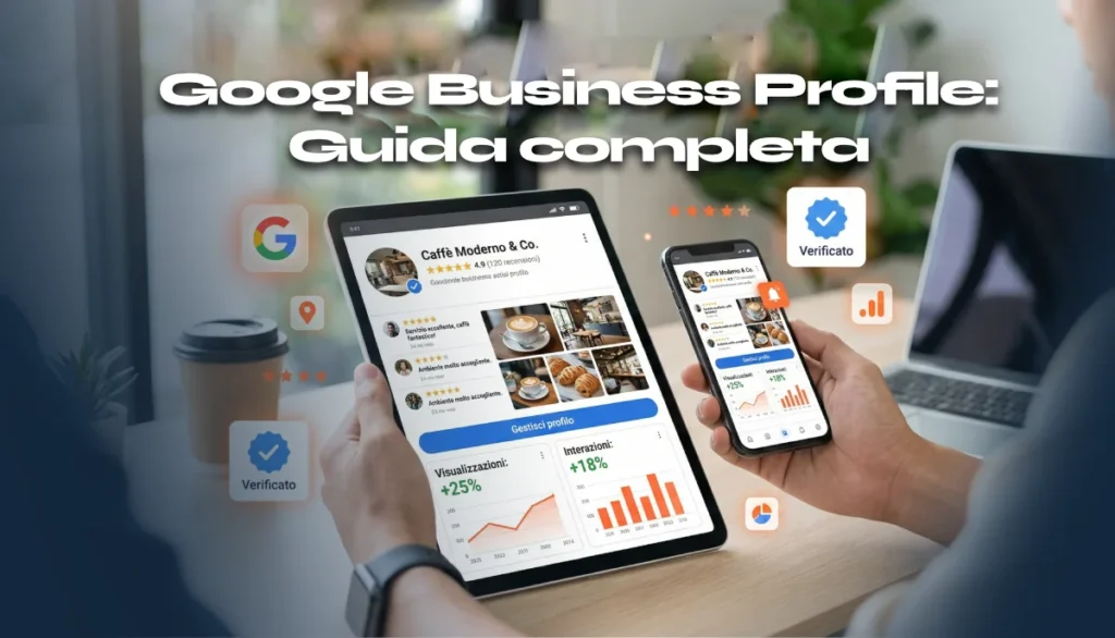 Dashboard Google Business Profile ottimizzato con recensioni 5 stelle e statistiche di visualizzazione per attività locale