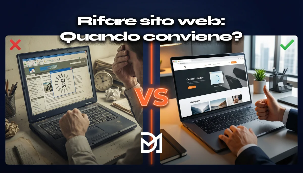 Confronto visivo tra sito web vecchio da rifare e sito moderno ottimizzato per decidere quando conviene investimento