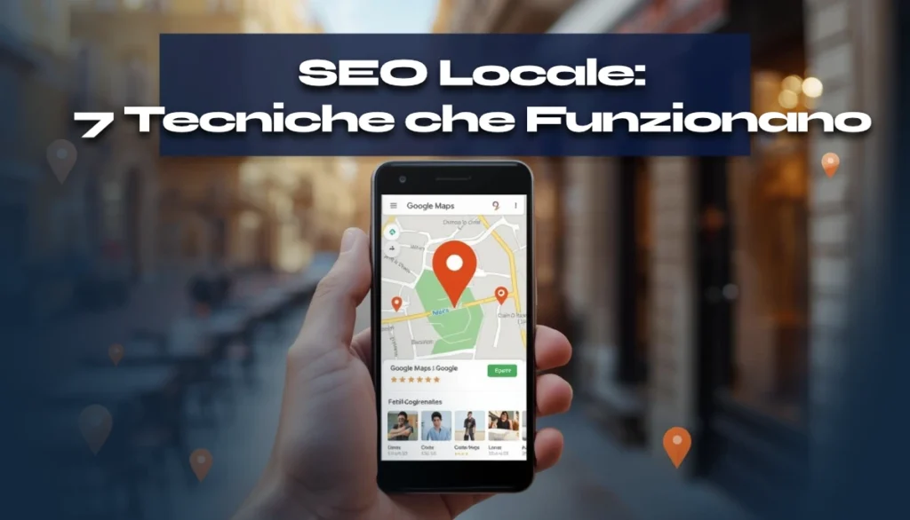 Smartphone con Google Maps che mostra attività locale con recensioni a 5 stelle e posizione sulla mappa