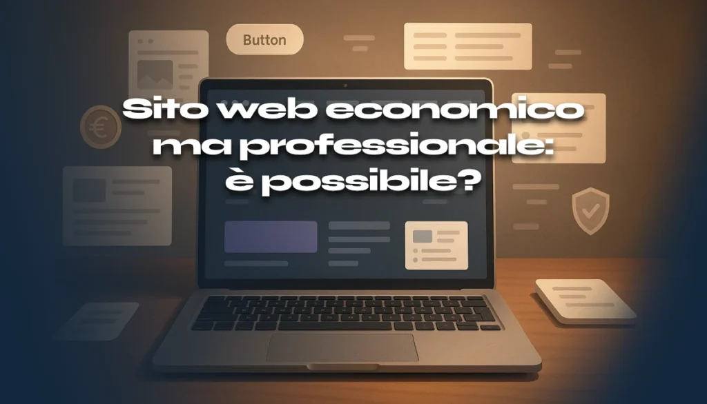 Illustrazione semi-realistica di un laptop con un sito web professionale sullo schermo, simboli di risparmio e qualità, e il titolo ‘Sito web economico ma professionale: è possibile?’ al centro.