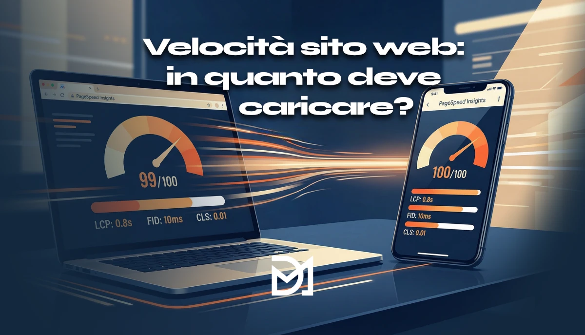 Illustrazione semi-realistica di laptop e smartphone con dashboard di velocità del sito, indicatori Core Web Vitals e palette blu navy, arancione e crema, con il titolo ‘Velocità Sito Web: Quanto Deve Caricare?’ al centro.