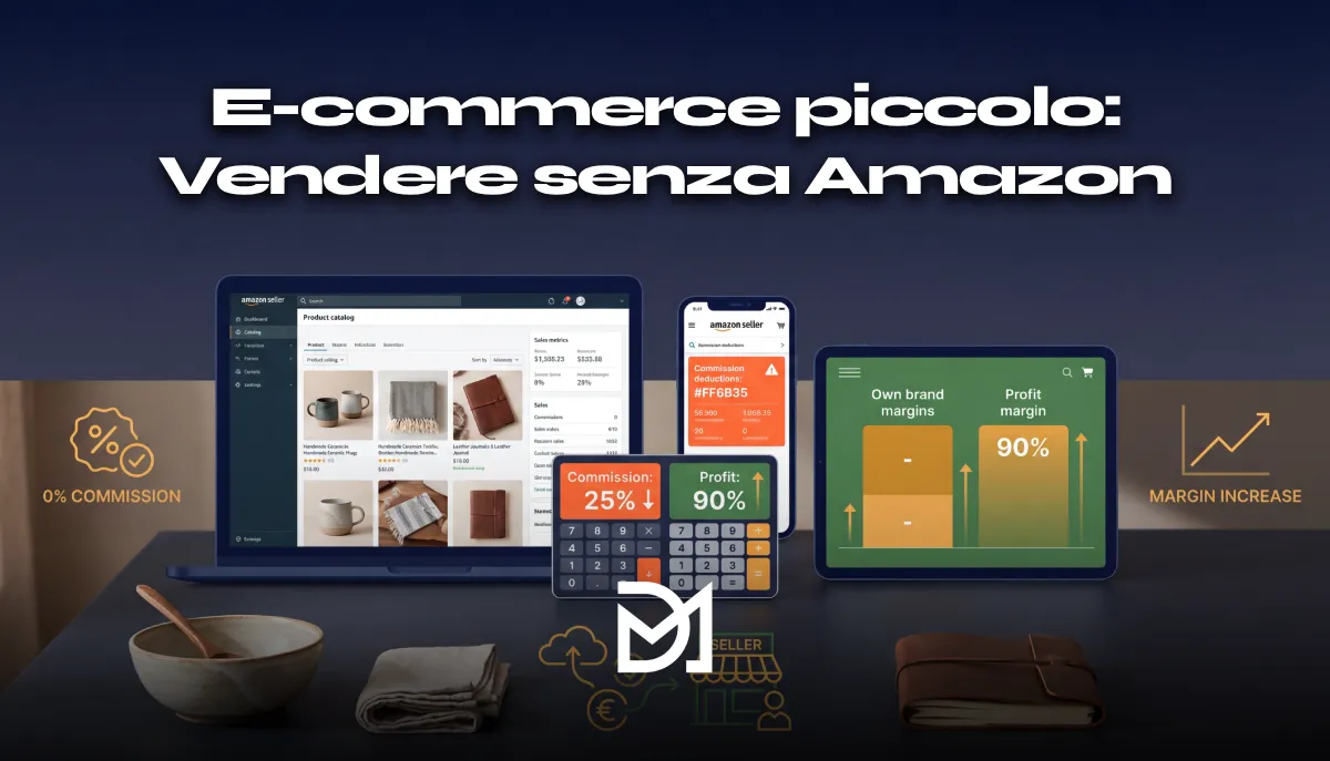 Workspace produttore piccolo e-commerce laptop mostra dashboard vendite senza commissioni Amazon confronto margini profitto proprietario