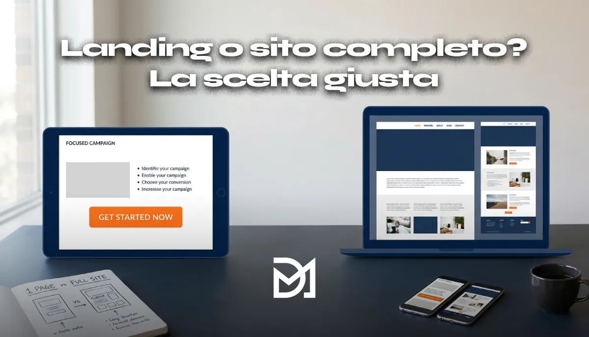 Scrivania confronto landing page singola tablet vs sito completo multi-pagina laptop comparazione scelta vendere online