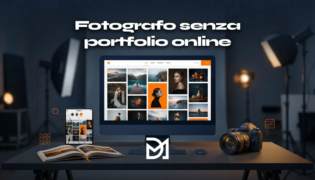 Scrivania fotografo professionale monitor mostra portfolio online gallery organizzate fotografia confronto Instagram camera attrezzatura