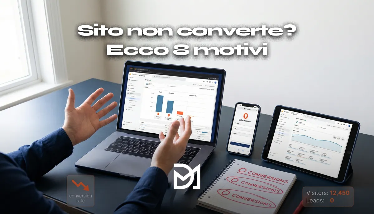 Scrivania imprenditore laptop analytics mostra traffico sito zero conversioni contatti dashboard problemi form non funziona