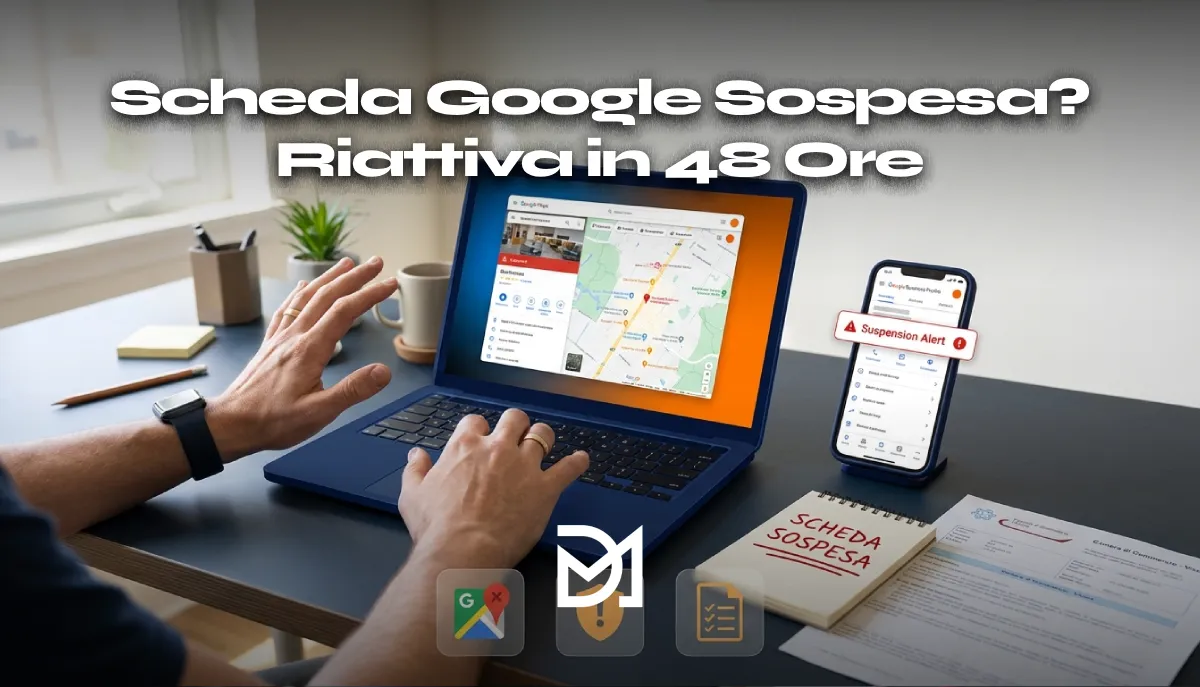Scheda Google Business sospesa con alert di sospensione su laptop e smartphone